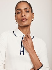 Mint Velvet White Ribbed Contrast Trim Polo Shirt - Image 5 of 6
