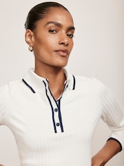 Mint Velvet White Ribbed Contrast Trim Polo Shirt - Image 6 of 6