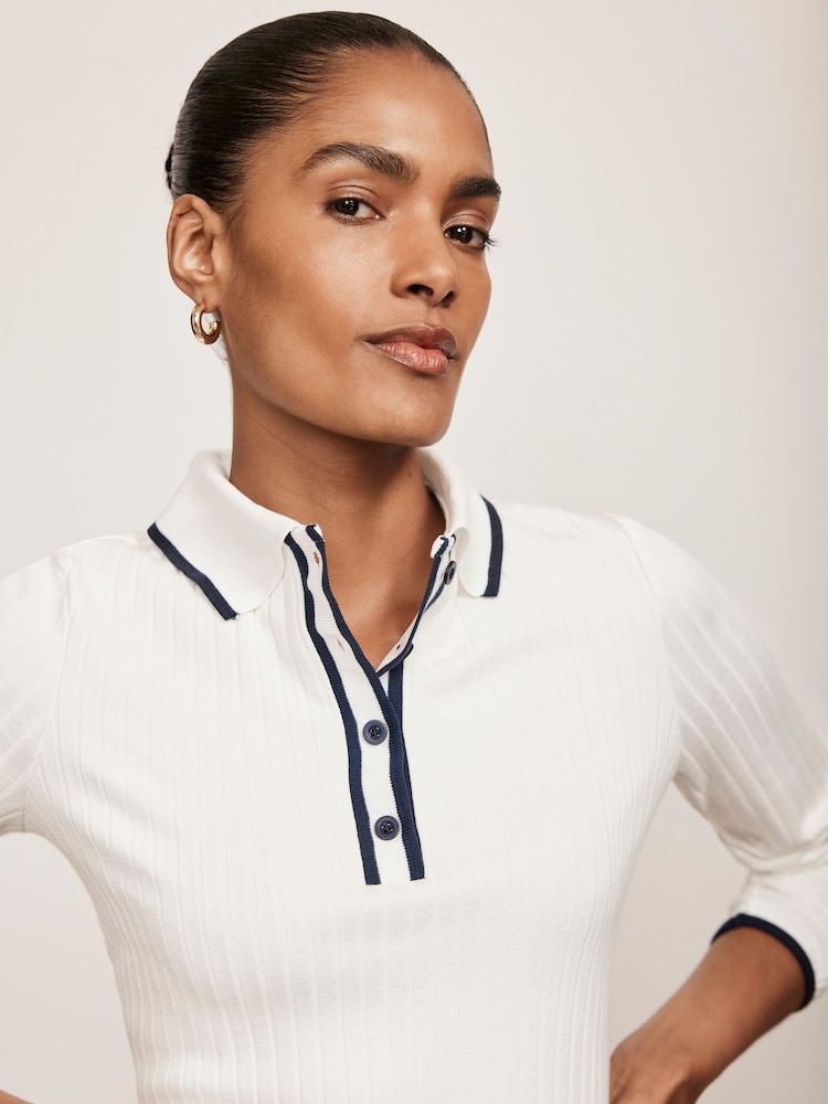 Mint Velvet White Ribbed Contrast Trim Polo Shirt - Image 6 of 6
