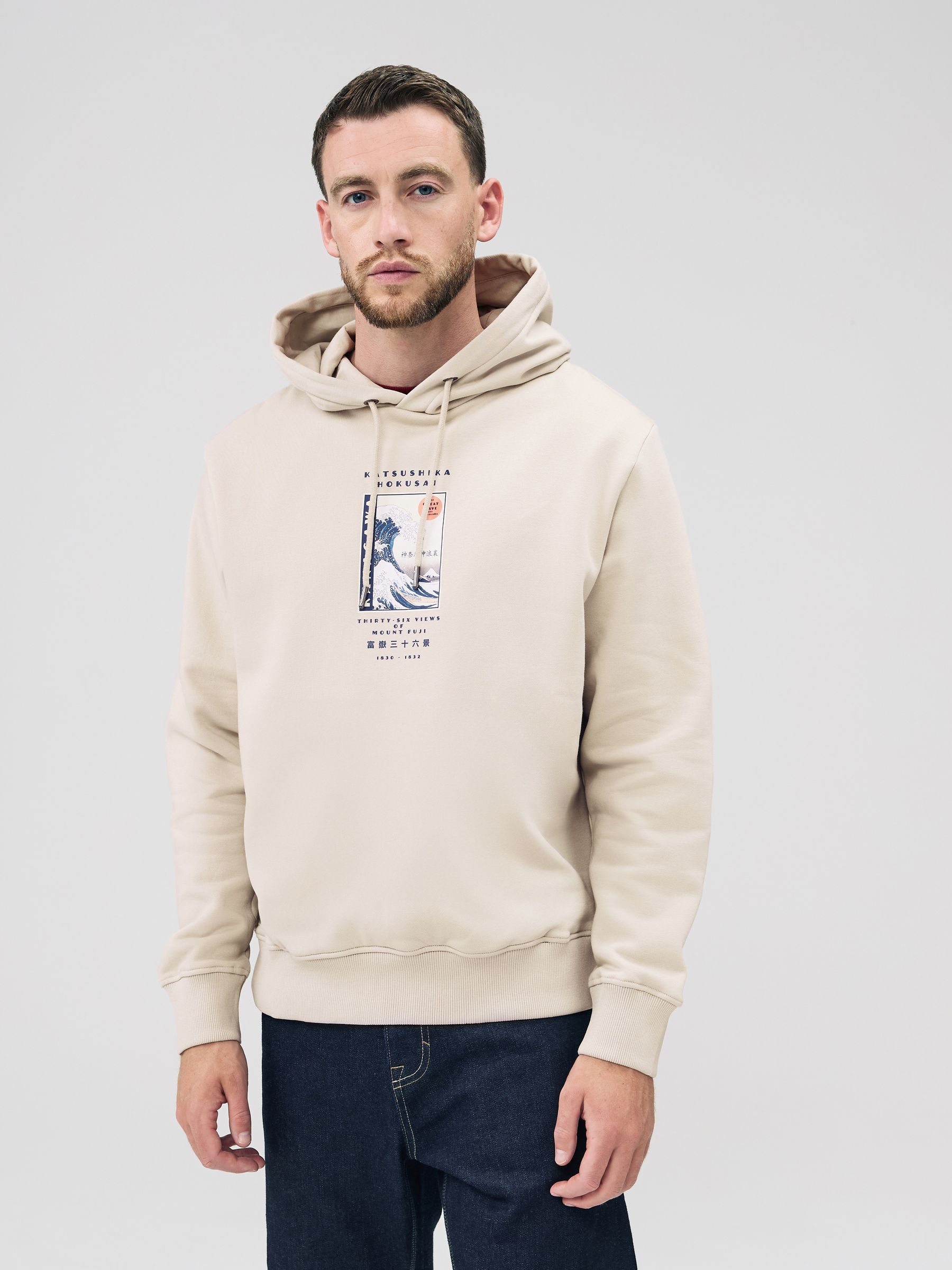 Buy Neutral Ecru Overhead Hoodie Hokusai Graphic Sweat Top from