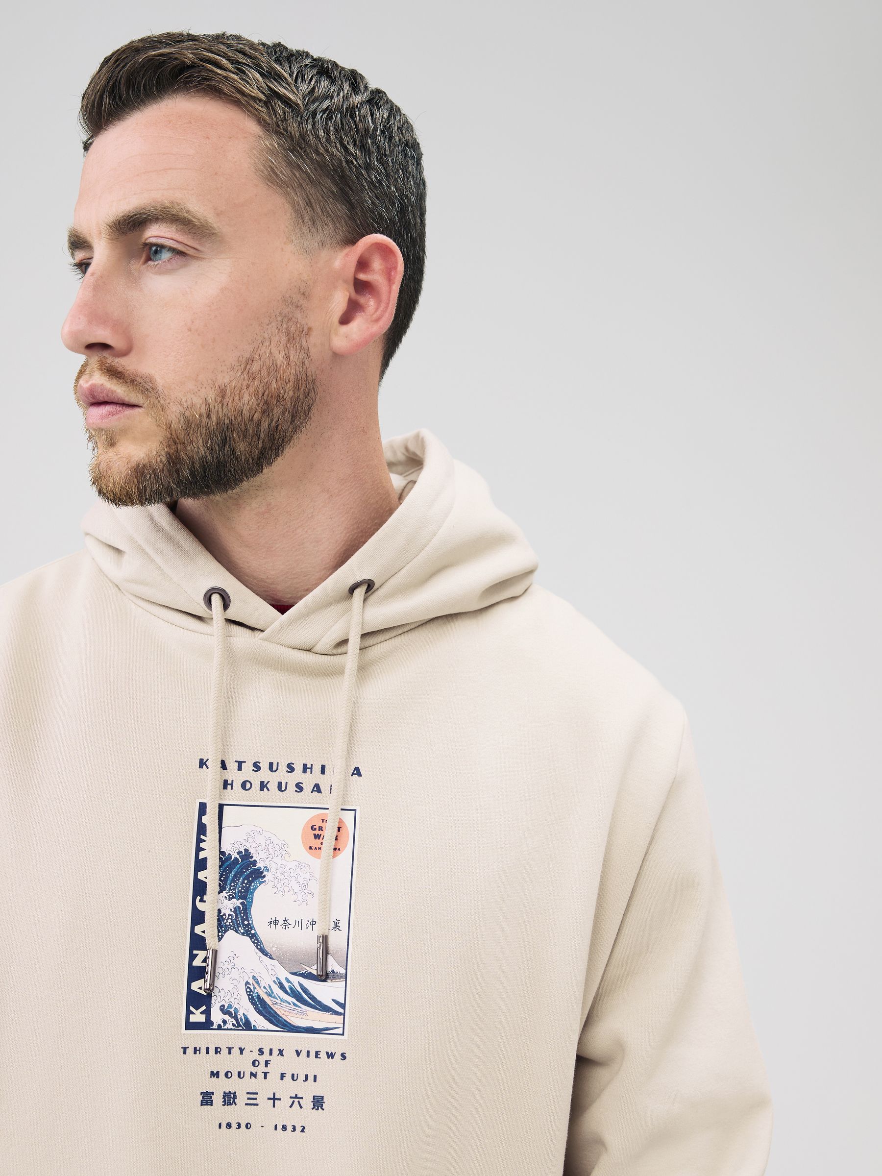 Buy Neutral Ecru Overhead Hoodie Hokusai Graphic Sweat Top from
