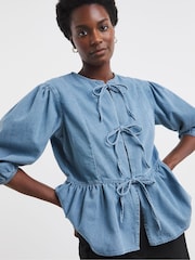 JD Williams Blue Peplum Puff Sleeve Denim Top - Image 1 of 4