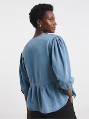 JD Williams Blue Peplum Puff Sleeve Denim Top - Image 2 of 4