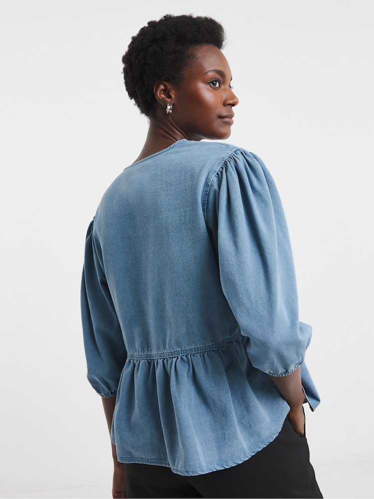 JD Williams Blue Peplum Puff Sleeve Denim Top - Image 2 of 4