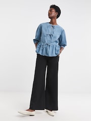 JD Williams Blue Peplum Puff Sleeve Denim Top - Image 3 of 4
