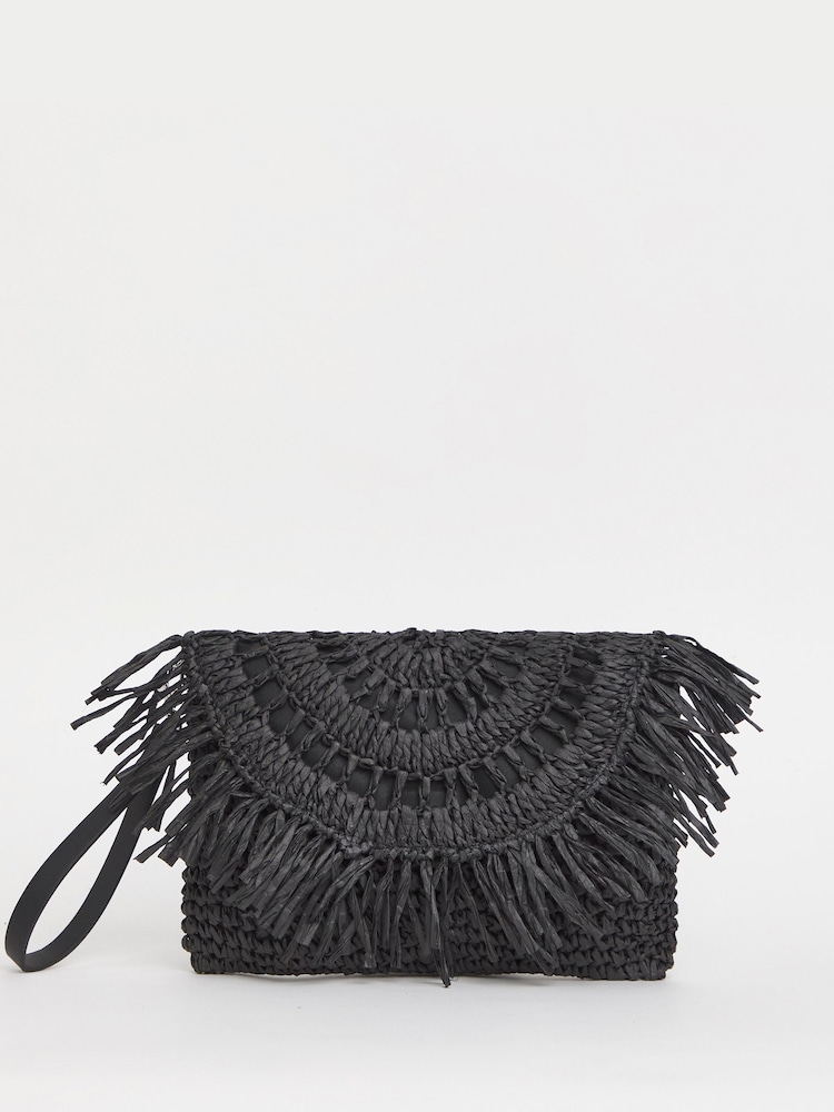 JD Williams Black Fringe Raffia Clutch Bag - Image 1 of 4