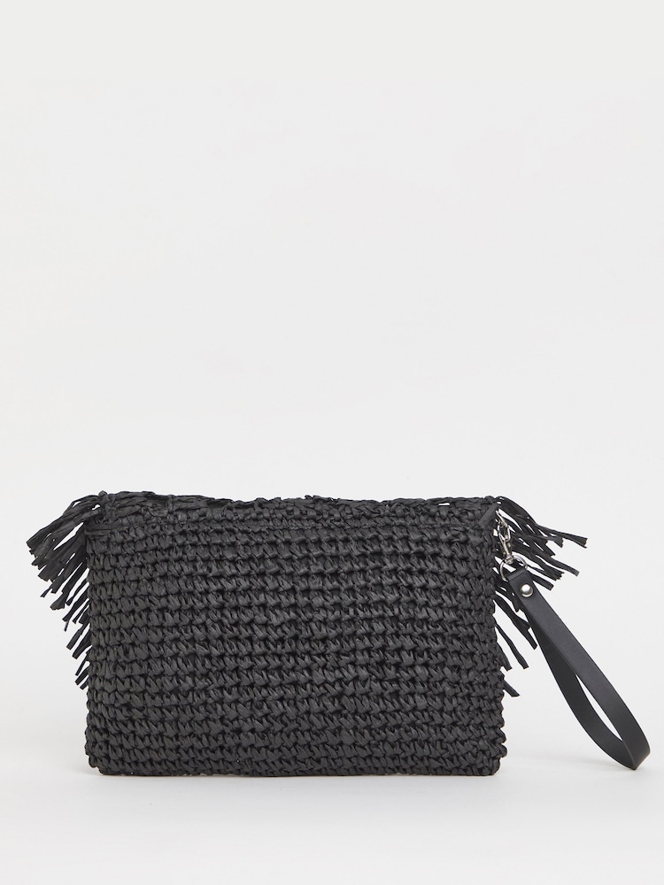 JD Williams Black Fringe Raffia Clutch Bag - Image 2 of 4