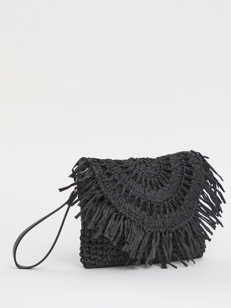 JD Williams Black Fringe Raffia Clutch Bag - Image 4 of 4