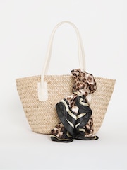 JD Williams Natural Raffia Basket Bag With Leopard Bow Detail - Image 1 of 5