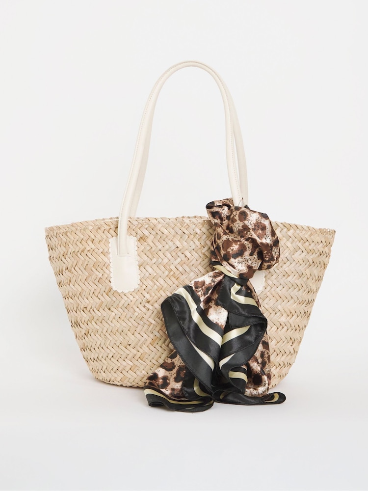 JD Williams Natural Raffia Basket Bag With Leopard Bow Detail - Image 1 of 5