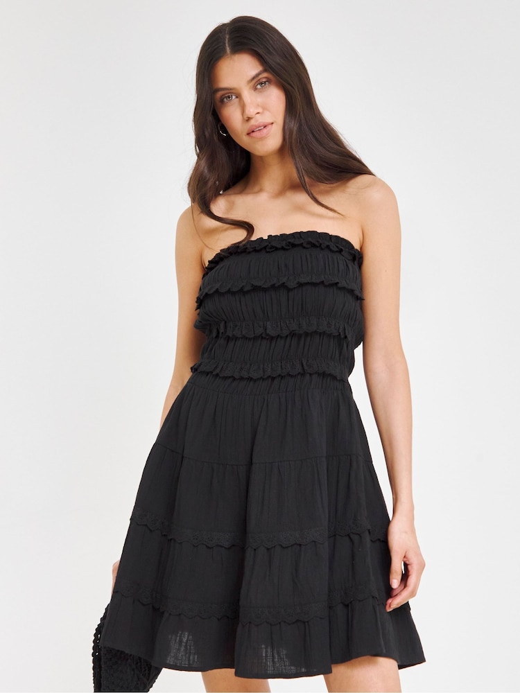 JD Williams Black 100% Cotton Beach To Beach Broderie Mini Beach Dress - Image 1 of 4