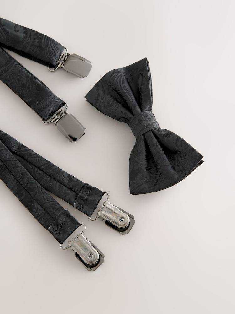 Black Floral Print Jacquard Bow Tie And Braces Set - Image 2 of 3