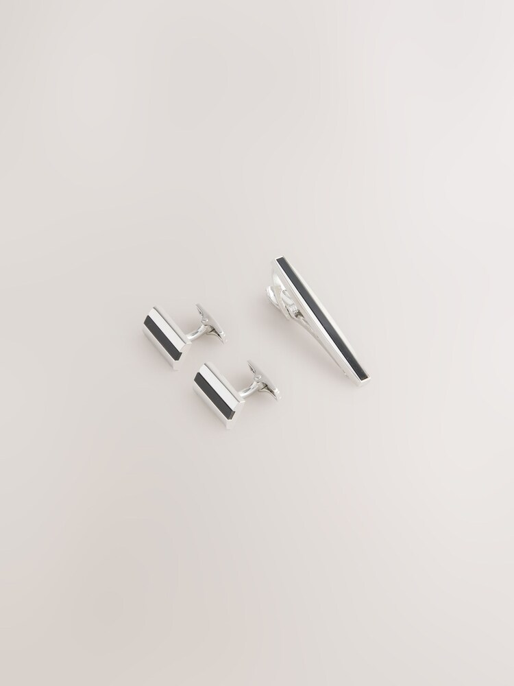 Silver Black Onyx Cufflinks And Tie Clip Set - Image 2 of 4