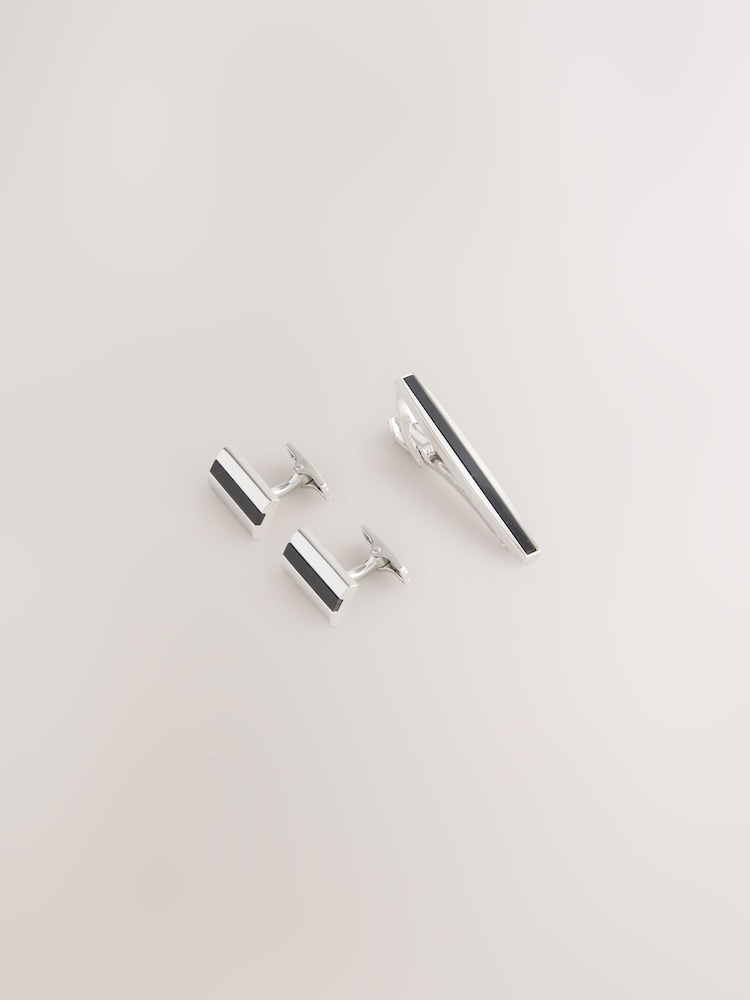 Silver Black Onyx Cufflinks And Tie Clip Set - Image 2 of 4 Silver Black Onyx Cufflinks And Tie Clip Set - Image 2 of 4