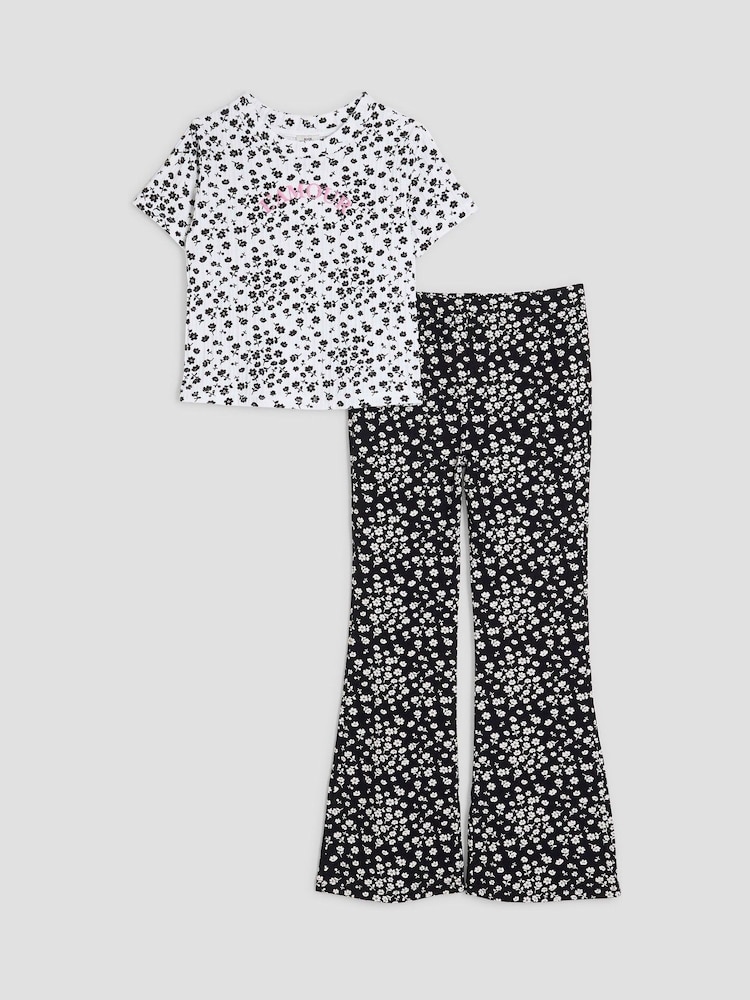 River Island Black Girls Ditsy Kickflare Top And Trousers - Image 1 of 5