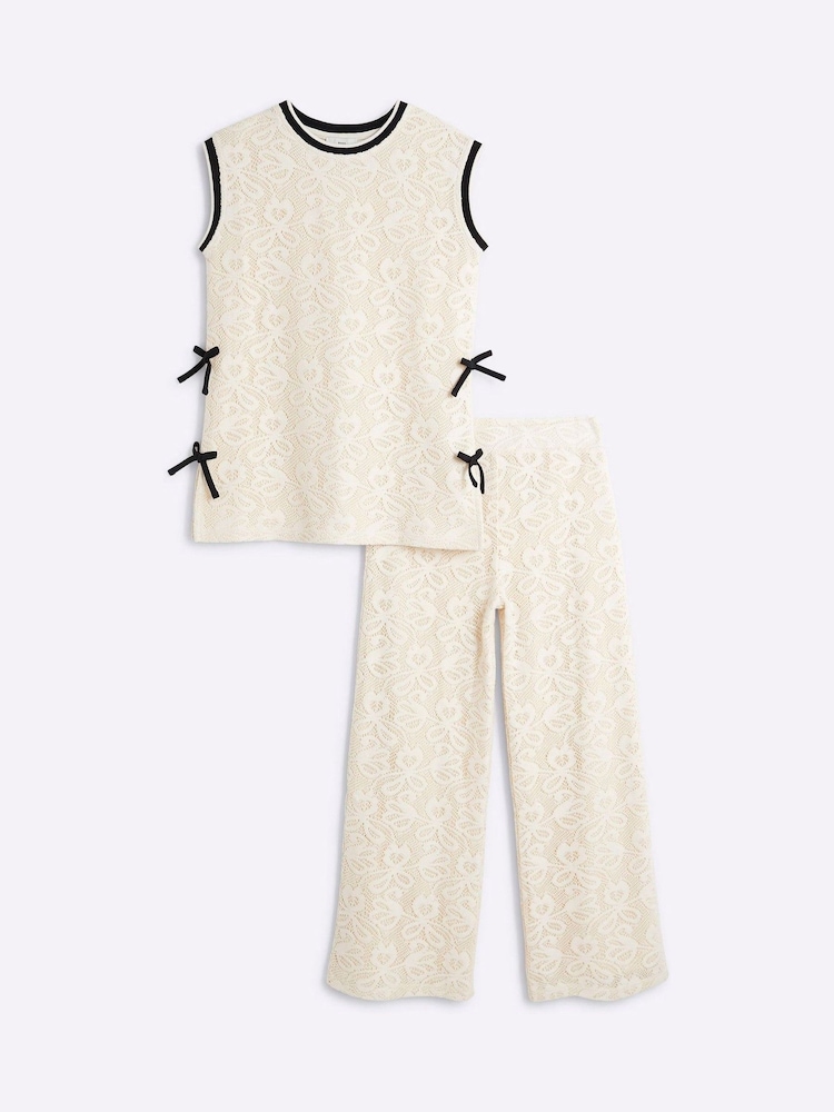 River Island Cream Girls Crochet Wide Leg Set - Image 1 of 5