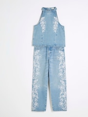 River Island Blue Girls Denim Butterfly Embroidered 100% Cotton Set - Image 1 of 5