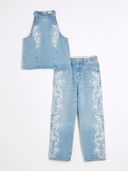 River Island Blue Girls Denim Butterfly Embroidered 100% Cotton Set - Image 2 of 5