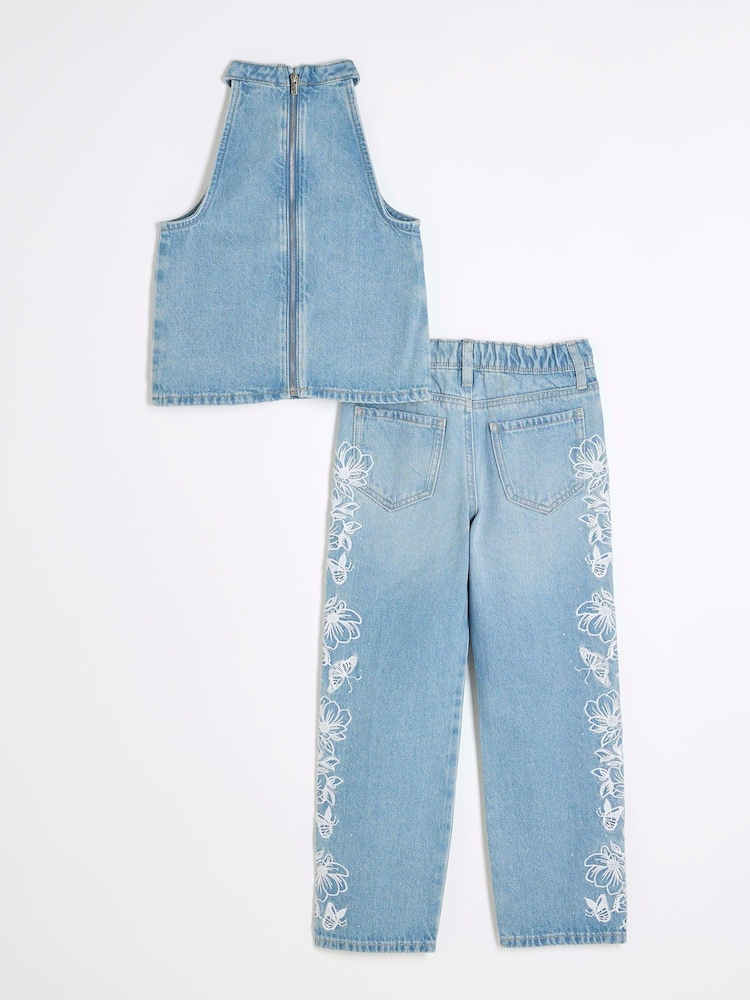 River Island Blue Girls Denim Butterfly Embroidered 100% Cotton Set - Image 3 of 5