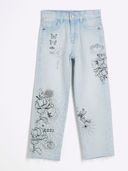 River Island Blue Girls Mono Doodle Straight 100% Cotton Jeans - Image 1 of 4