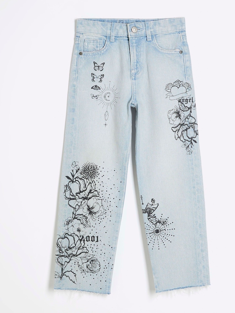 River Island Blue Girls Mono Doodle Straight 100% Cotton Jeans - Image 1 of 4