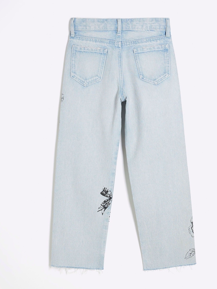 River Island Blue Girls Mono Doodle Straight 100% Cotton Jeans - Image 2 of 4