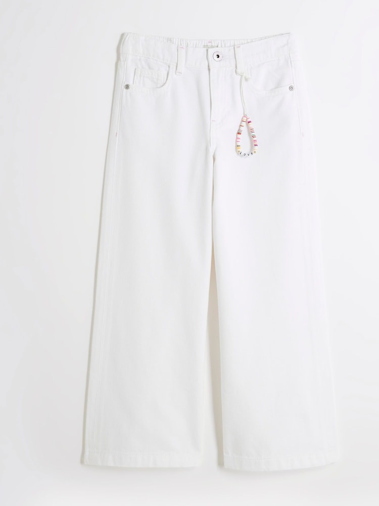 River Island White Girls White Wide Leg 100% Cotton Jeans - Image 1 of 4