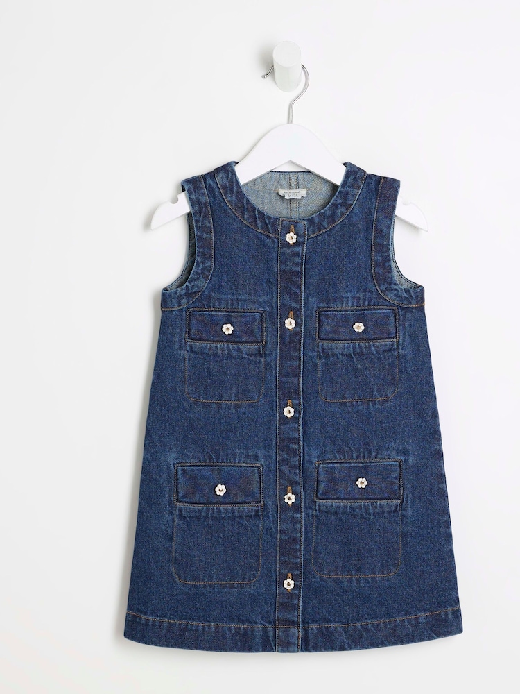 River Island Blue Girls Denim Button Pinny Dress - Image 1 of 4