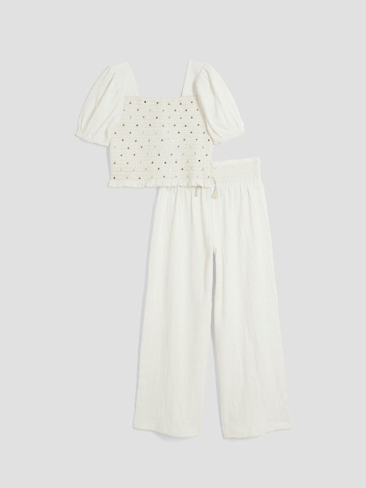 River Island White Girls Lurex Shirred 100% Cotton Top Set - Image 2 of 3