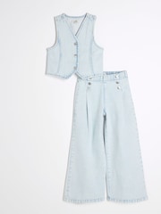 River Island Blue Girls Denim 100% Cotton Top and Trousers Set - Image 1 of 5