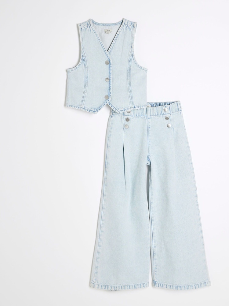 River Island Blue Girls Denim 100% Cotton Top and Trousers Set - Image 1 of 5