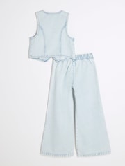 River Island Blue Girls Denim 100% Cotton Top and Trousers Set - Image 2 of 5