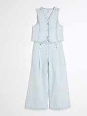 River Island Blue Girls Denim 100% Cotton Top and Trousers Set - Image 3 of 5