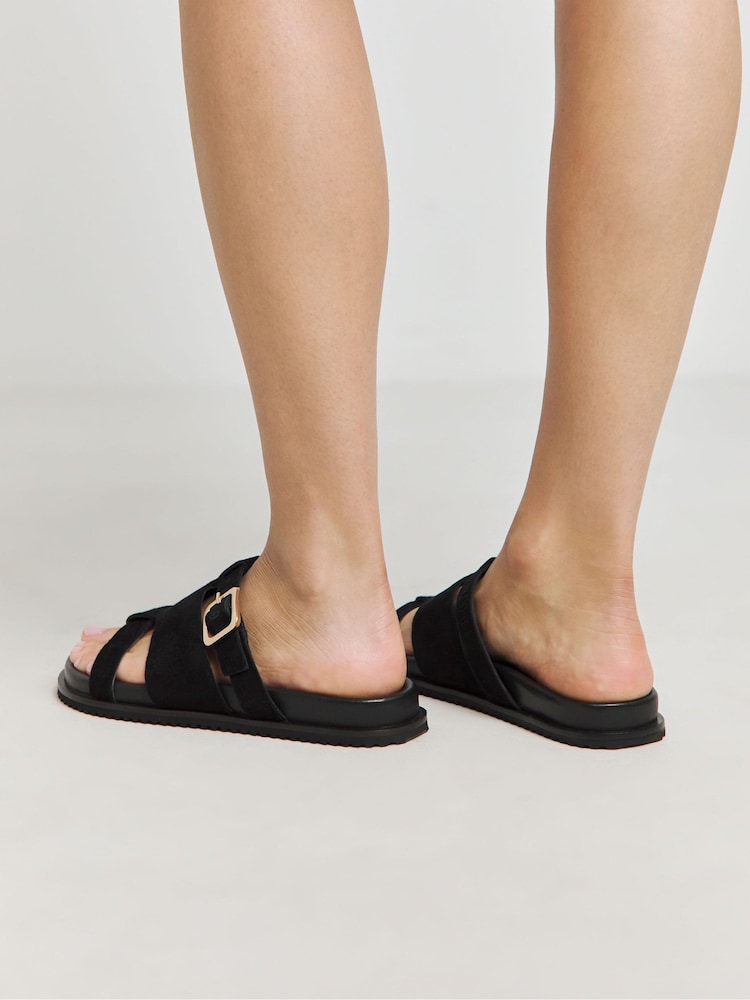 JD Williams Black Extra Wide Fit Anthology Laser Cut Detail Footbed Sandals In Standard Fit - Image 2 of 4