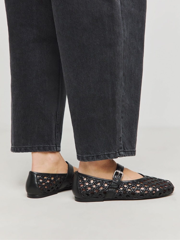 JD Williams Black Wide Fit Leather Woven Mary Jane Ballerinas In Standard Fit - Image 2 of 4