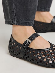JD Williams Black Wide Fit Leather Woven Mary Jane Ballerinas In Standard Fit - Image 3 of 4