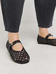 JD Williams Black Wide Fit Leather Woven Mary Jane Ballerinas In Standard Fit - Image 4 of 4