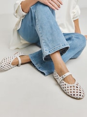 JD Williams Cream Extra Wide Fit Leather Woven Mary Jane Ballerinas In Standard Fit - Image 1 of 4
