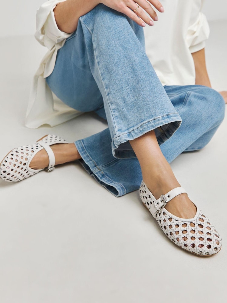 JD Williams Cream Extra Wide Fit Leather Woven Mary Jane Ballerinas In Standard Fit - Image 1 of 4