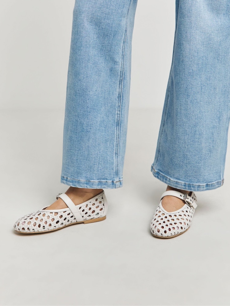 JD Williams Cream Wide Fit Leather Woven Mary Jane Ballerinas In Standard Fit - Image 2 of 4
