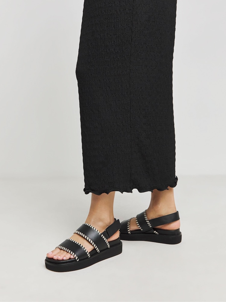 JD Williams Black Extra Wide Fit Chunky Leather Sandals With Whipstitch Detail - Image 2 of 4