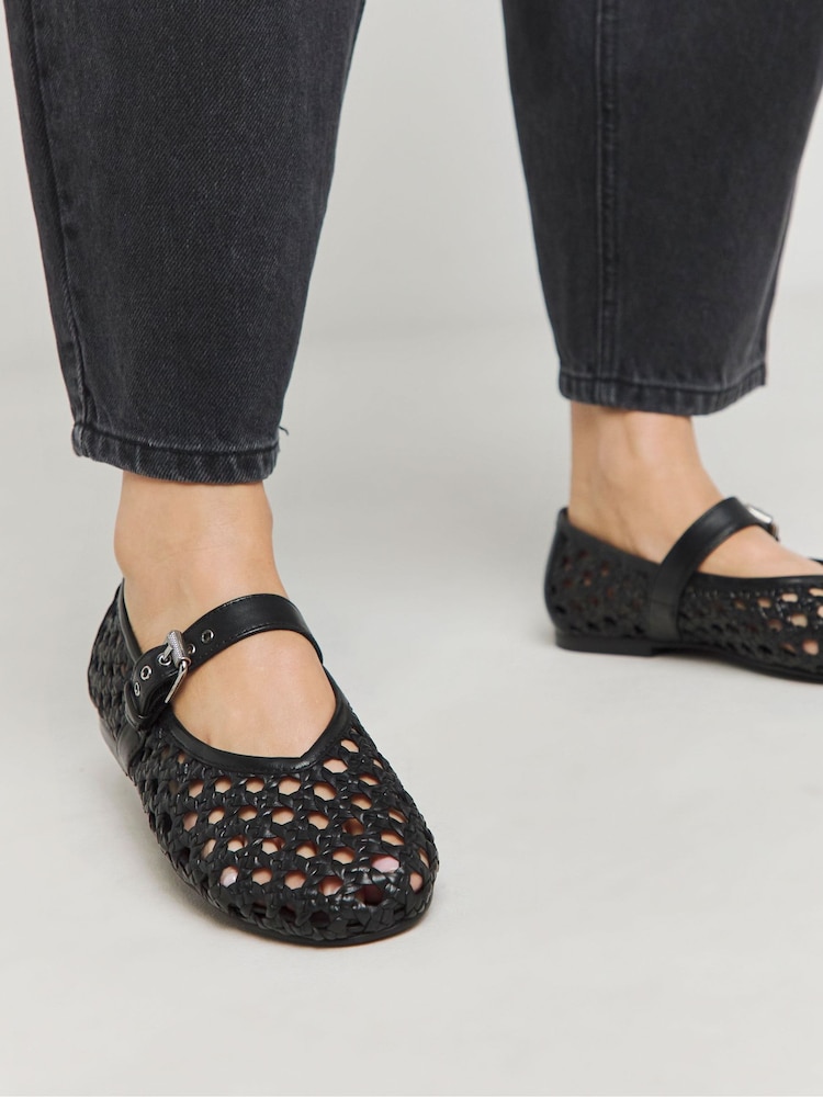 JD Williams Black Extra Wide Fit Leather Woven Mary Jane Ballerinas In Standard Fit - Image 4 of 4