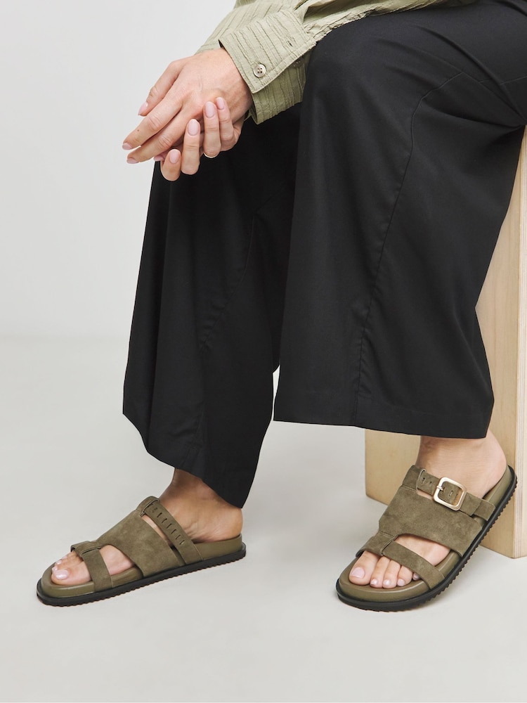 JD Williams Green Extra Wide Fit Anthology Laser Cut Detail Footbed Sandals In Standard Fit - Image 1 of 5