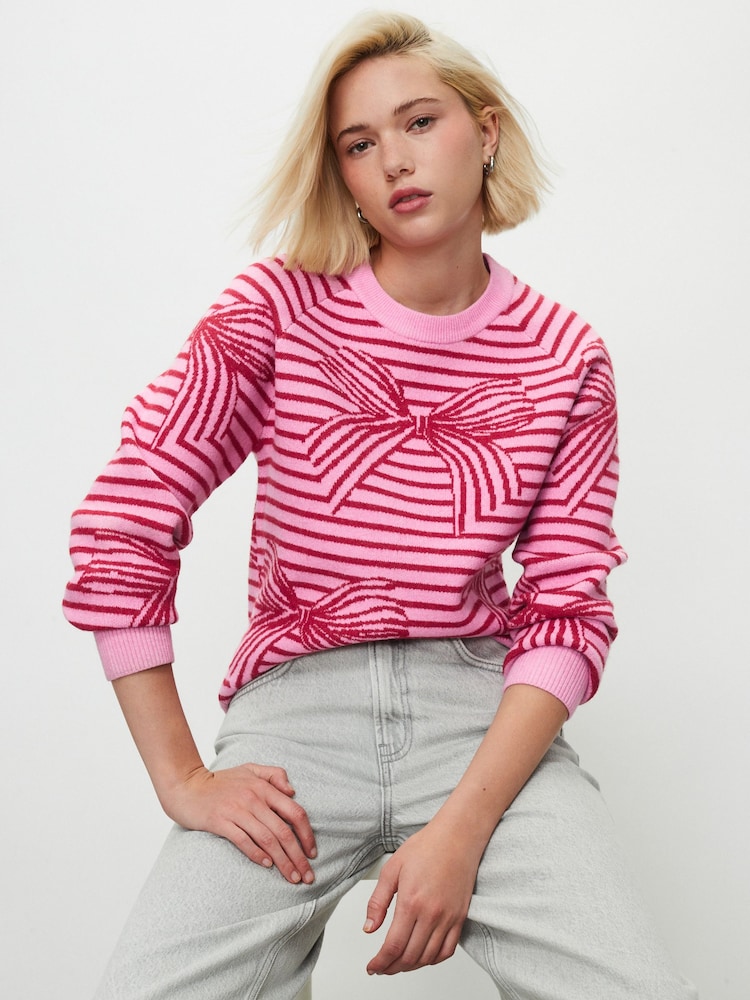 Pink/Red Stripe Bow Super Soft Crew Neck Long Sleeve Jumper - Image 1 of 8 Pink/Red Stripe Bow Super Soft Crew Neck Long Sleeve Jumper - Image 1 of 8