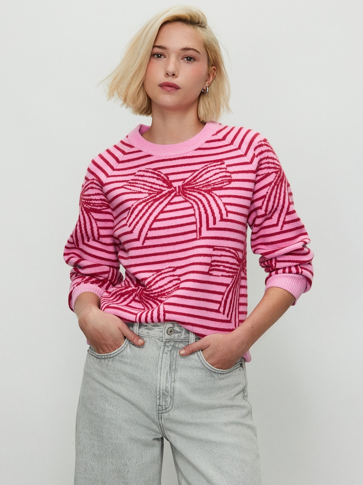 Pink/Red Stripe Bow Super Soft Crew Neck Long Sleeve Jumper - Image 2 of 8 Pink/Red Stripe Bow Super Soft Crew Neck Long Sleeve Jumper - Image 2 of 8