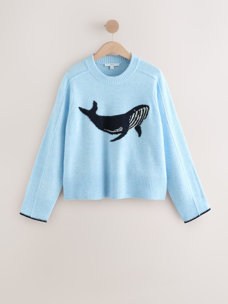 Light Blue Whale Crew Neck Knitted Jumper with Wool - Image 1 of 3