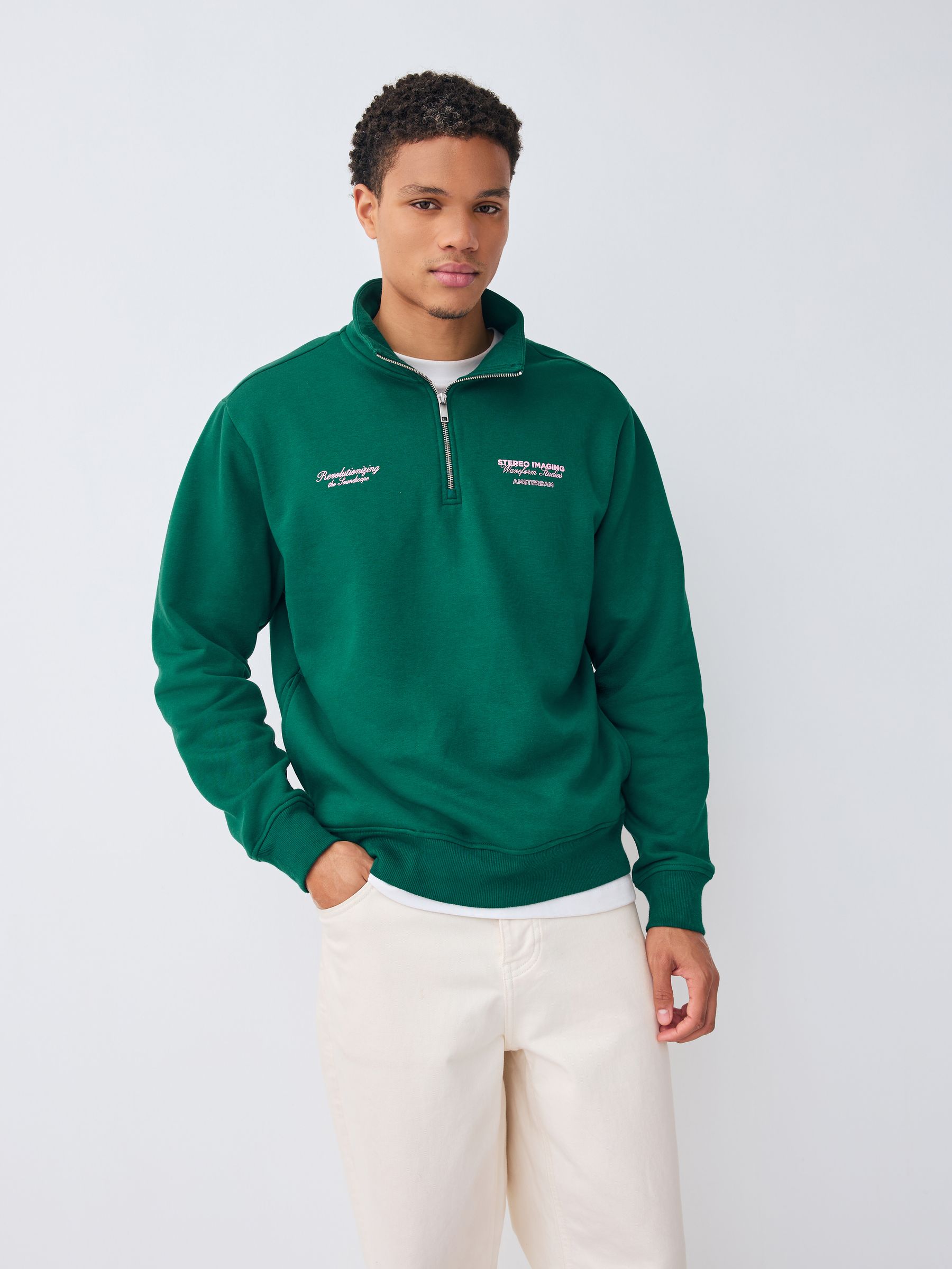 Buy Green Simple Text Graphic Print Quarter Zip Neck Sweatshirt