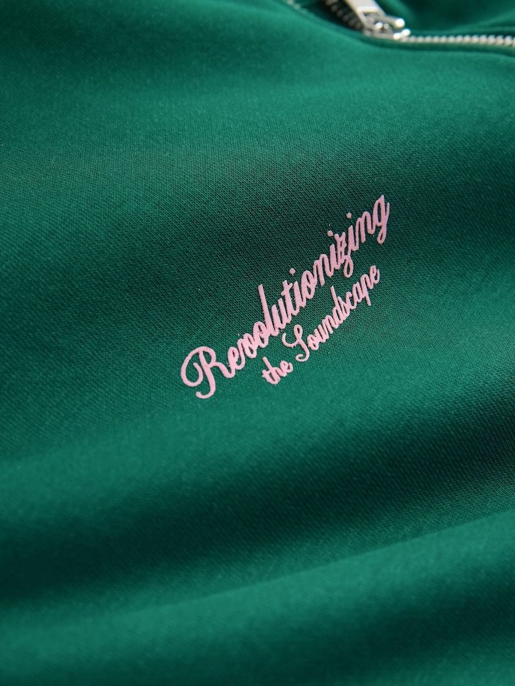 Green Simple Text Graphic Print Quarter Zip Neck Sweatshirt - Image 2 of 3