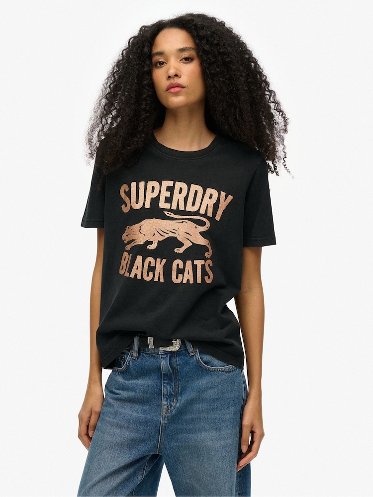 Superdry Black Embellished Varsity Relaxed T-Shirt - Image 1 of 6