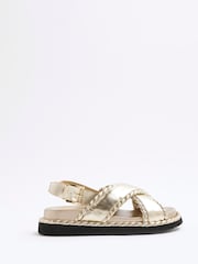 River Island Gold Wide Fit Cross Strap Sandals - Image 1 of 5